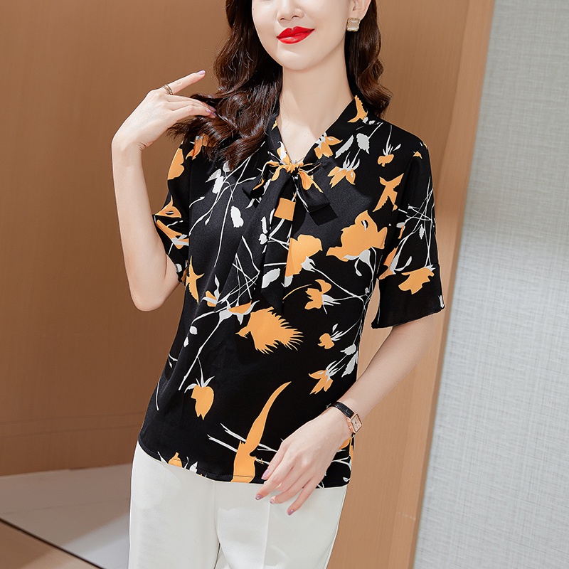 Áo Sơ Mi Chiffon Tay Ngắn Thắt Nơ In Họa Tiết Thời Trang Hàn Quốc Cho Nữ Size L-5XL
