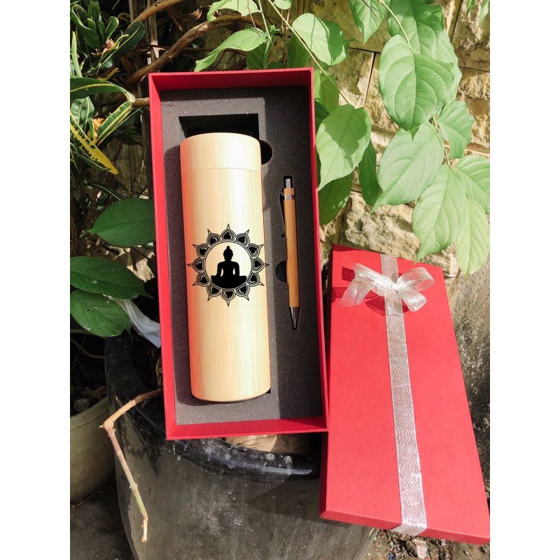 Bình Giữ Nhiệt Vỏ Tre 💢𝑭𝑹𝑬𝑬𝑺𝑯𝑰𝑷💢Ly Inox 304 Bamboo Tre Truyền Thống, Lưu Nhiệt Lên Tới 16H, Tặng túi xách bình