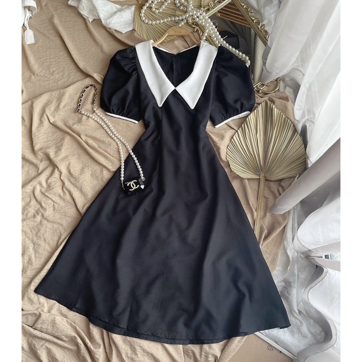 Đầm midi đen phối cổ trắng tay phồng tiểu thư MS010