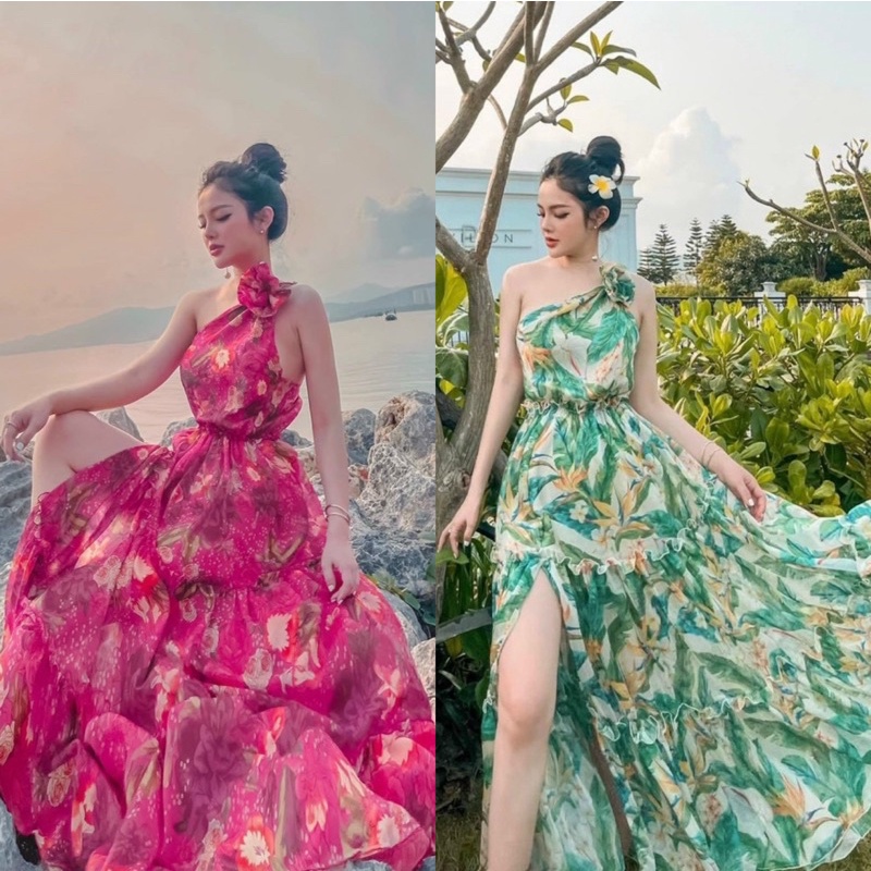 Đầm maxi hoa xanh, hoa đỏ lệch vai hoa xẻ tà đi biển
