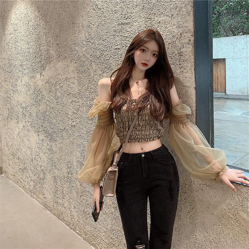 Áo Sơ Mi Chiffon Trễ Vai Phối Lưới Phong Cách Hàn Quốc Thời Trang Mùa Thu Mới Cho Nữ