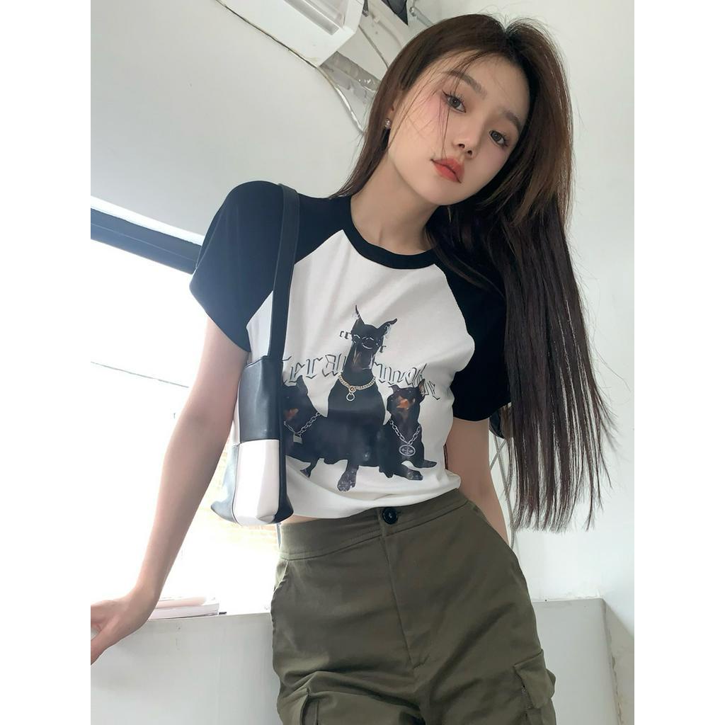 Áo Thun Dáng Ôm Ngắn Tay In Hình Chú Chó Phối Màu Dễ Thương 61241