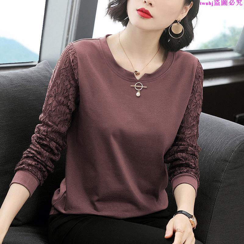 Áo Thun Cotton Tay Dài Phối Ren Màu Trơn Thời Trang Thu Đông Dễ Phối Đồ Dành Cho Nữ Trung Niên
