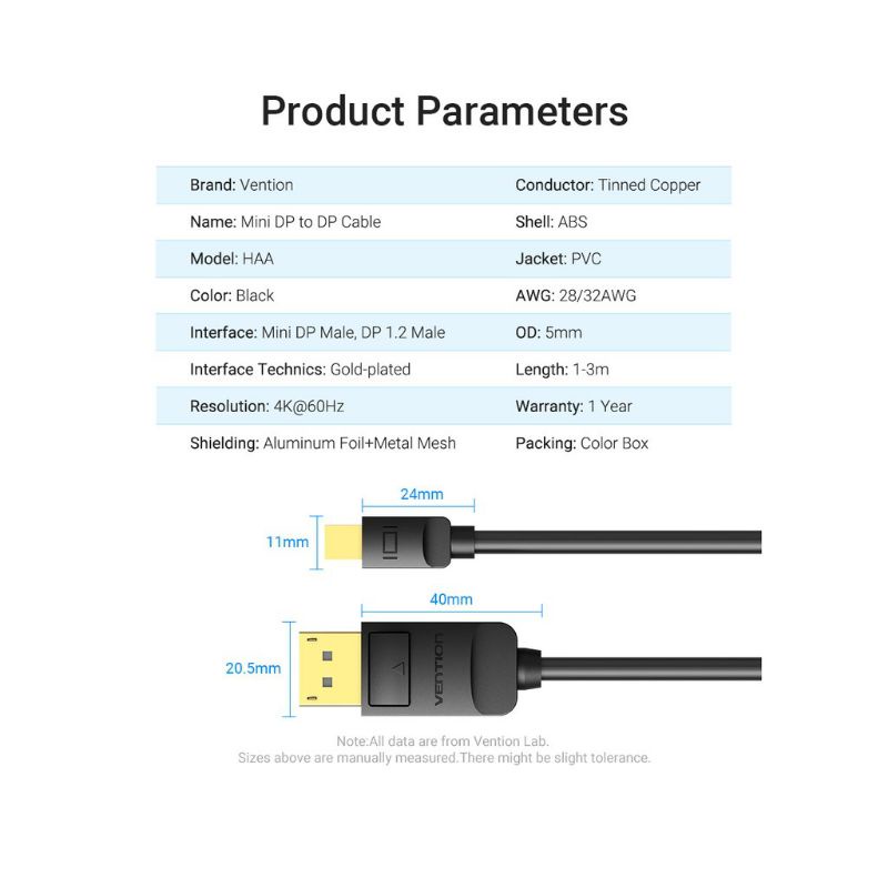 Mini DisplayPort to DisplayPort Vention dây tín hiệu từ cổng mini DP Laptop sang cổng DP màn hình