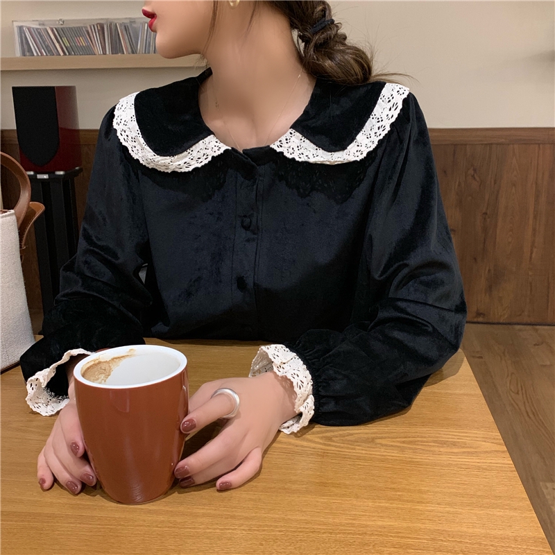 SUXI Áo sơ-mi tay dài phối ren vintage xinh xắn trẻ trung cho nữ