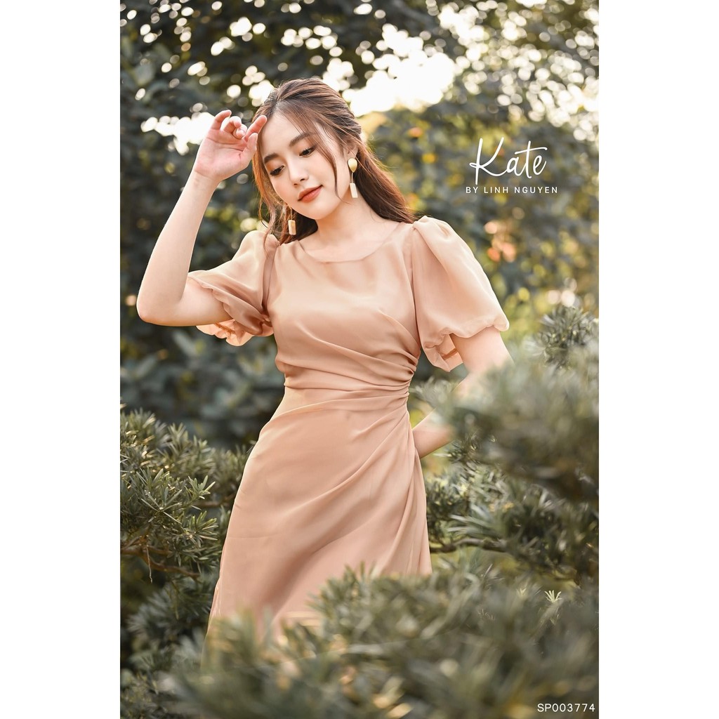 Đầm tơ thiết kế tay bồng rúm eo dáng A 2 lớp | BigBuy360 - bigbuy360.vn