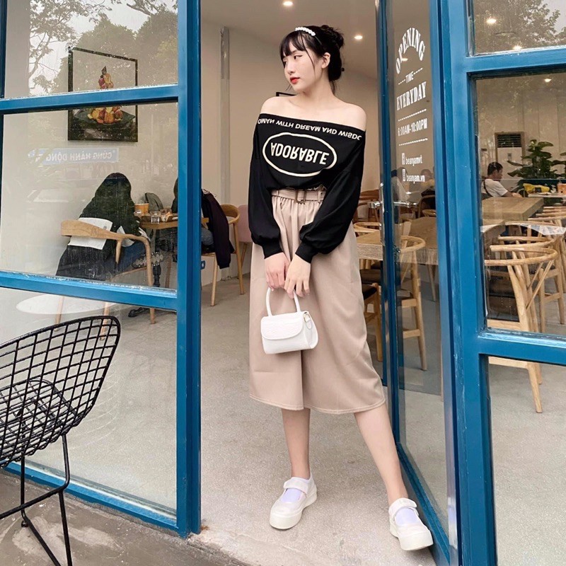 Set áo thun đen chữ bẹt vai + chân váy midi nude bèo kèm belt