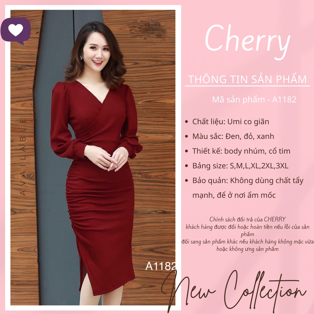 Váy body nhúm dáng ôm tay dài cổ tim CHERRY đầm body công sở sang trọng  A1182