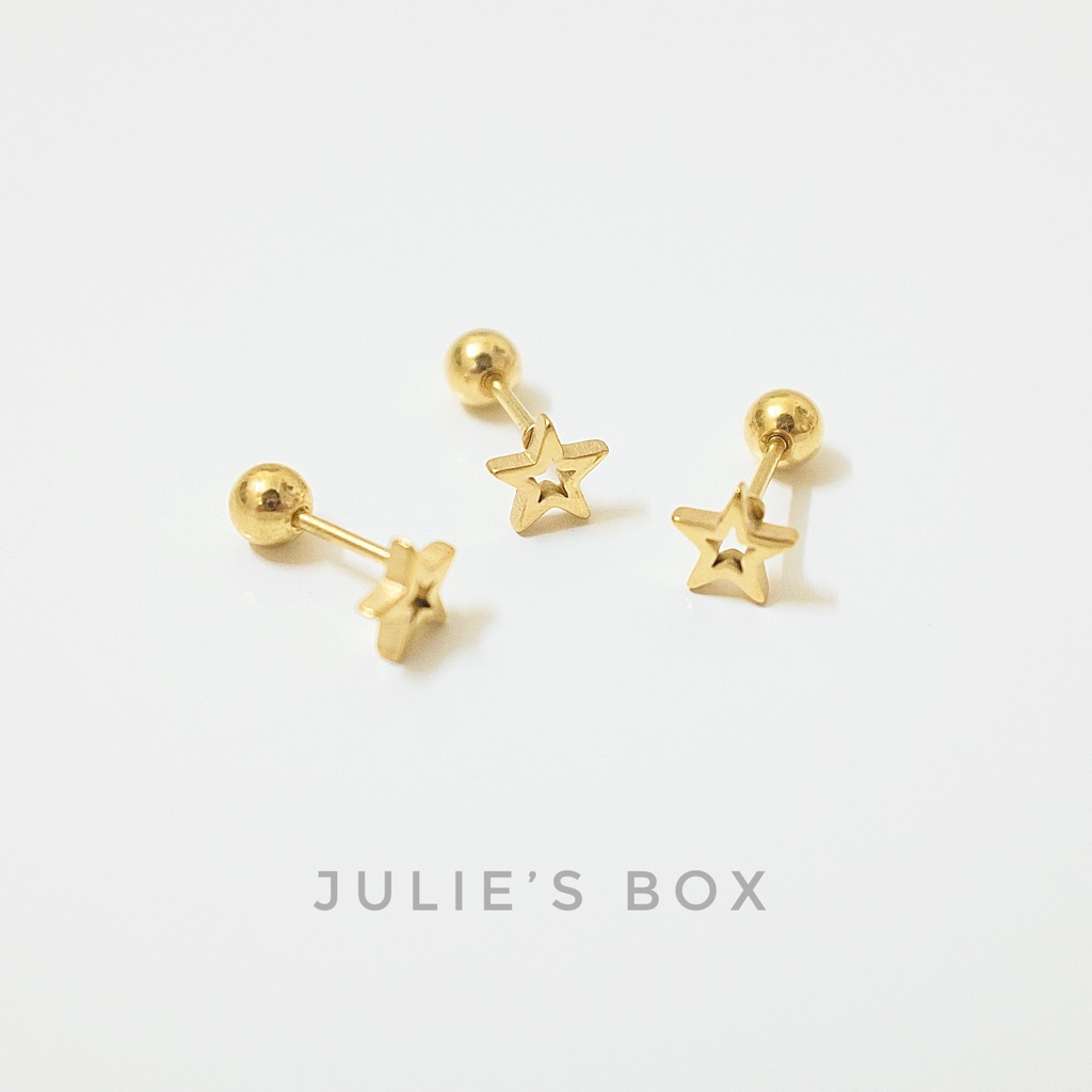 [1 Chiếc] Khuyên Tai Titan Unisex Ngôi Sao Rỗng Màu Vàng Đuôi Bi Không Gỉ Sét Không Ngứa Bông Tai Julies Box 66