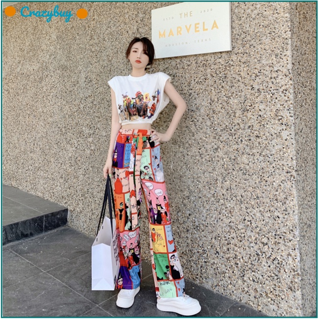 Cr Set 2 Món Áo Croptop Sát Nách + Quần Dài Ống Rộng In Họa Tiết Graffiti Thời Trang Cho Nữ