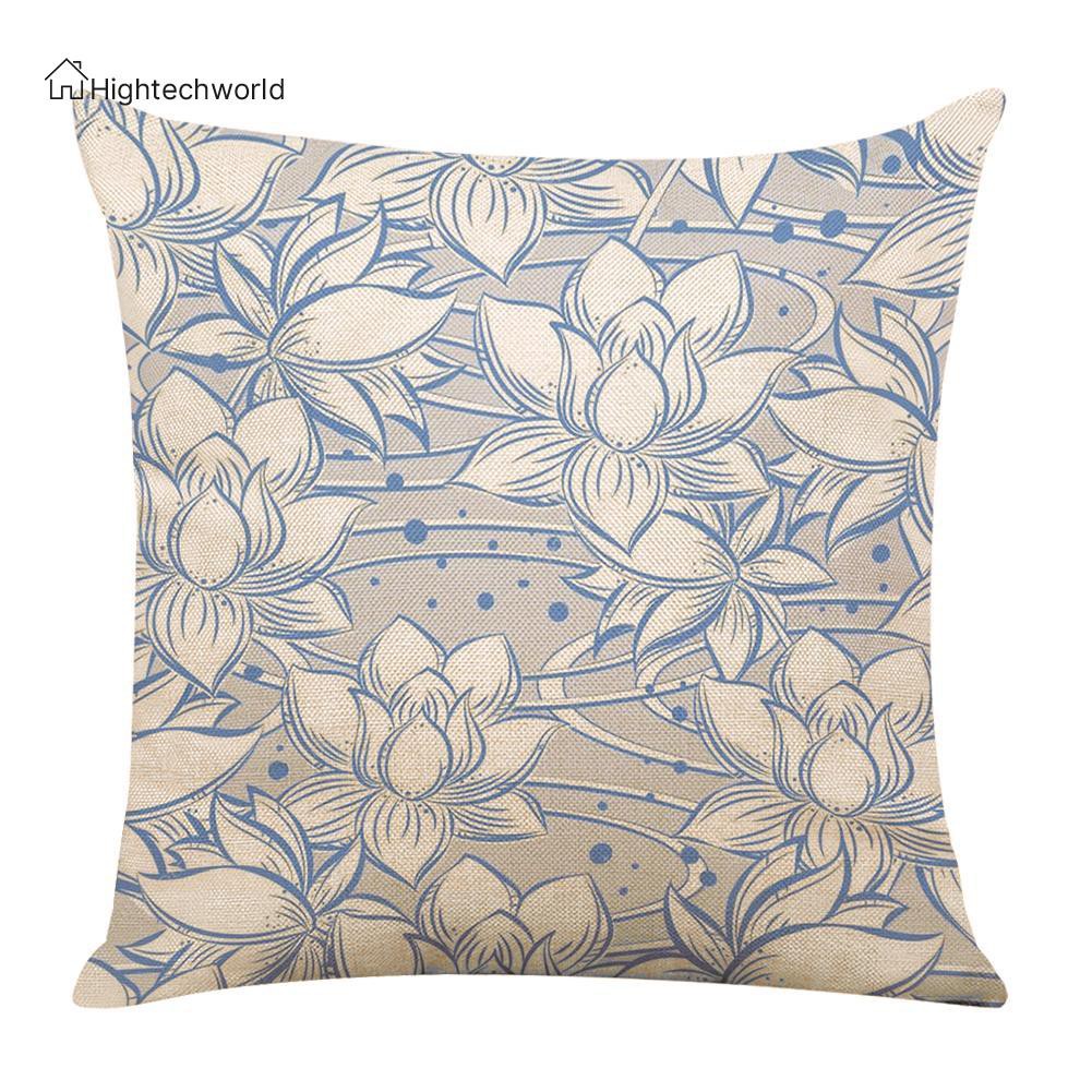 Hightechworld Lotus Printed Linen Pillowcases ​Waist Cushion Cover Sofa Seat Pillow Case