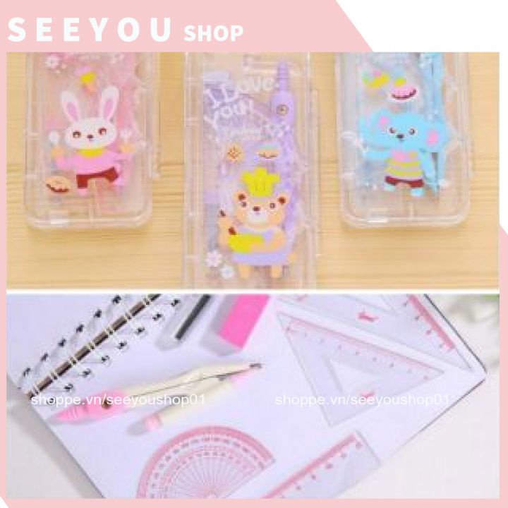 Bộ compa + eke + đo độ + đạn chì kim hình cute