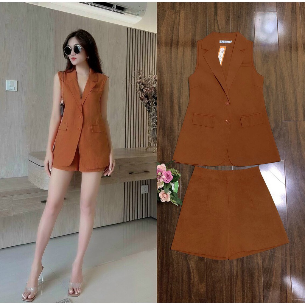 Set bộ áo cổ vest form dài 2 nắp túi quần short xinh xắn J1186