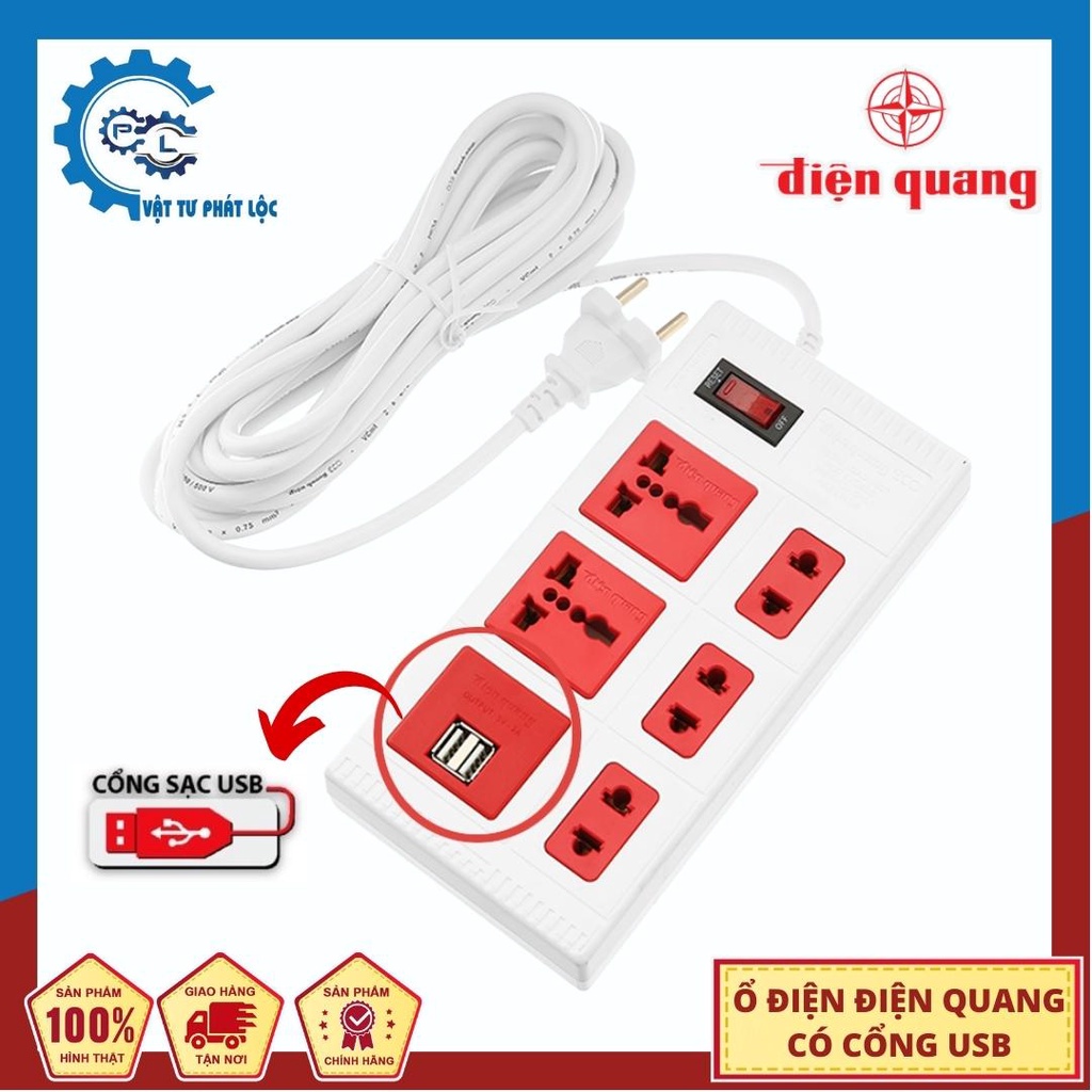 Ổ cắm điện Điện Quang đa năng có lỗ USB 3 lỗ - 5 lỗ - Ổ điện dài 2m/5mnỗ