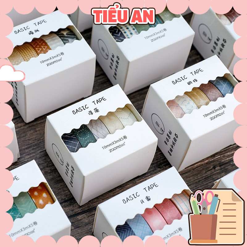 Băng keo dán một màu đơn sắc/ hoa văn - 10 & 06 cuộn/hộp  - Washi Tape