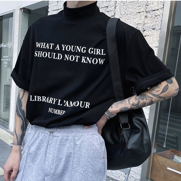 Áo thun tay ngắn cổ lọ in chữ phong cách Âu Mỹ thời trang mùa hè cho nam size S-3XL