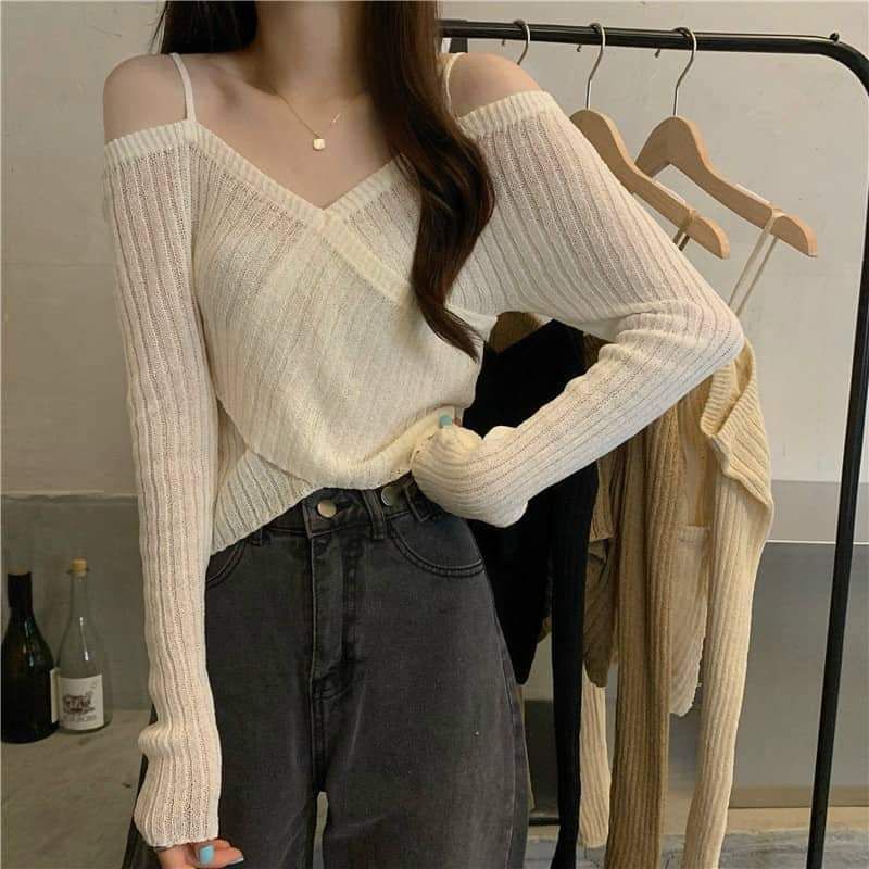 Áo len chéo vạt trễ vai hàng QC