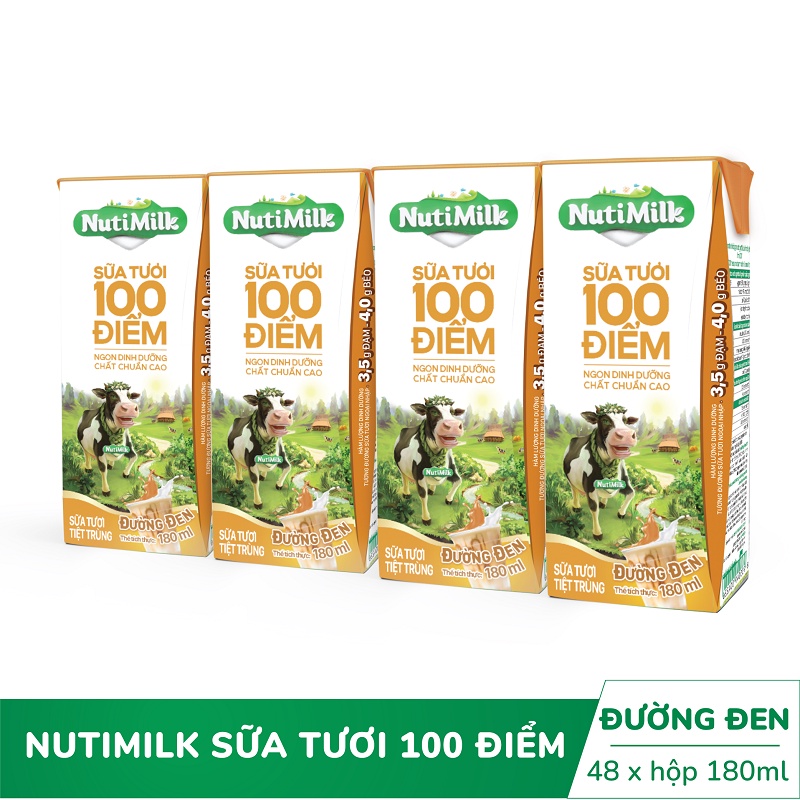 [Mã FMCGMALL giảm 8% đơn từ 250K] Thùng 48 hộp NutiMilk ST 100 điểm - ST tiệt trùng Đường đen Hộp 180 mL/hộp