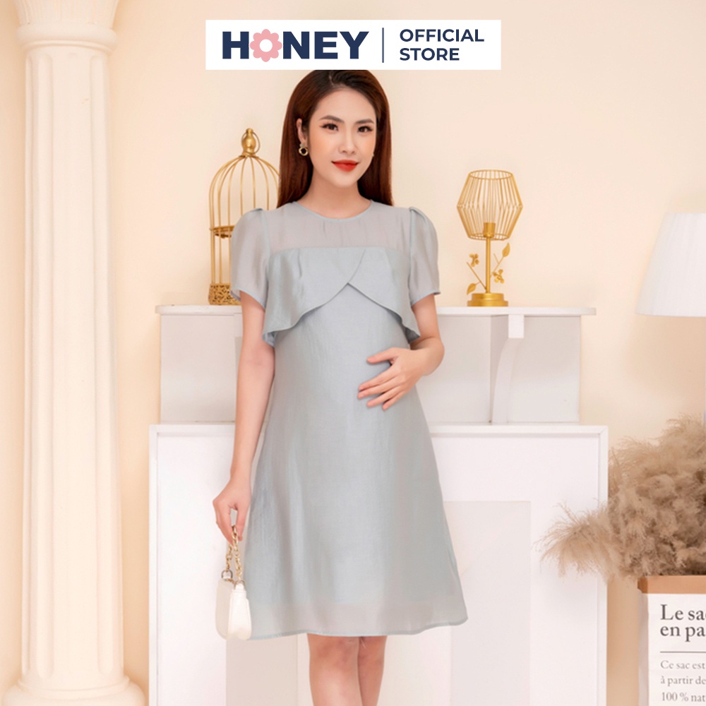 Váy bầu công sở thiết kế , dự tiệc tơ lụa mịn , cổ tròn dáng xuông - Thời trang đầm bầu cao cấp HONEY