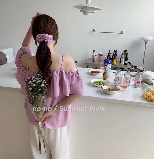 Áo trễ vai kèm dây buộc tóc  [ hàng QUẢNG CHÂU kèm ảnh thật ]