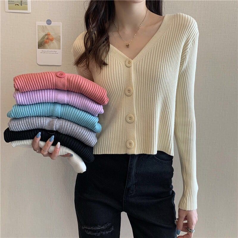 Áo khoác cardigan dệt kim tay dài cổ chữ v form rộng thời trang cho nữ