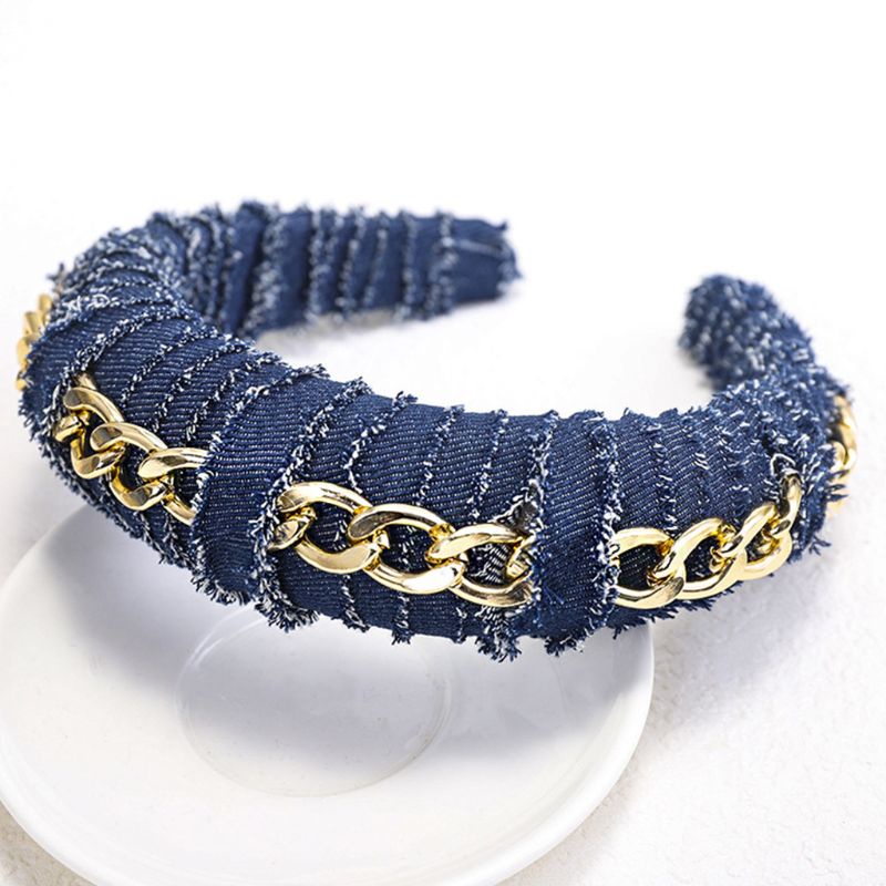 Băng Đô Vải Denim Bản Rộng Họa Tiết Kẻ Sọc Màu Sắc Trơn Phối Xích Kim Loại Kiểu Retro Cho Nữ