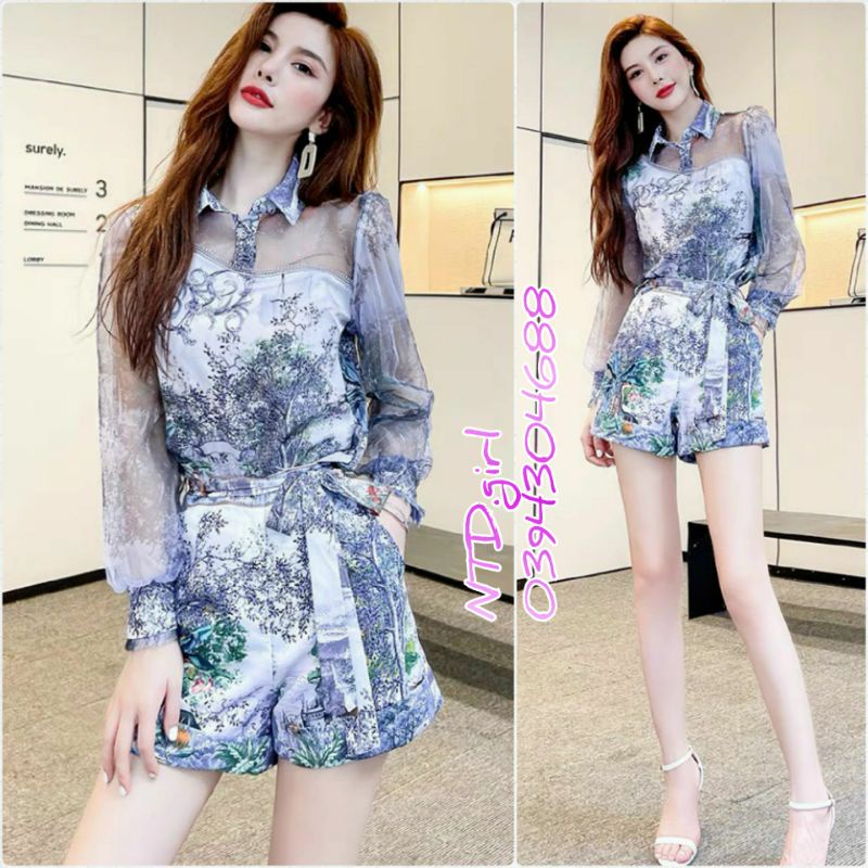 Hàng nhập - Set bộ nữ short lụa phối ren lưới cổ sơ mi hoa văn, sét đồ thời trang quần áo dự tiệc sang chảnh