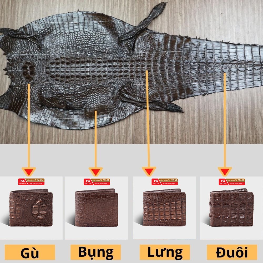 Ví nam đứng da cá sấu 2 mặt Fadoda FCW02GN màu nâu làm từ vân gù cá sấu