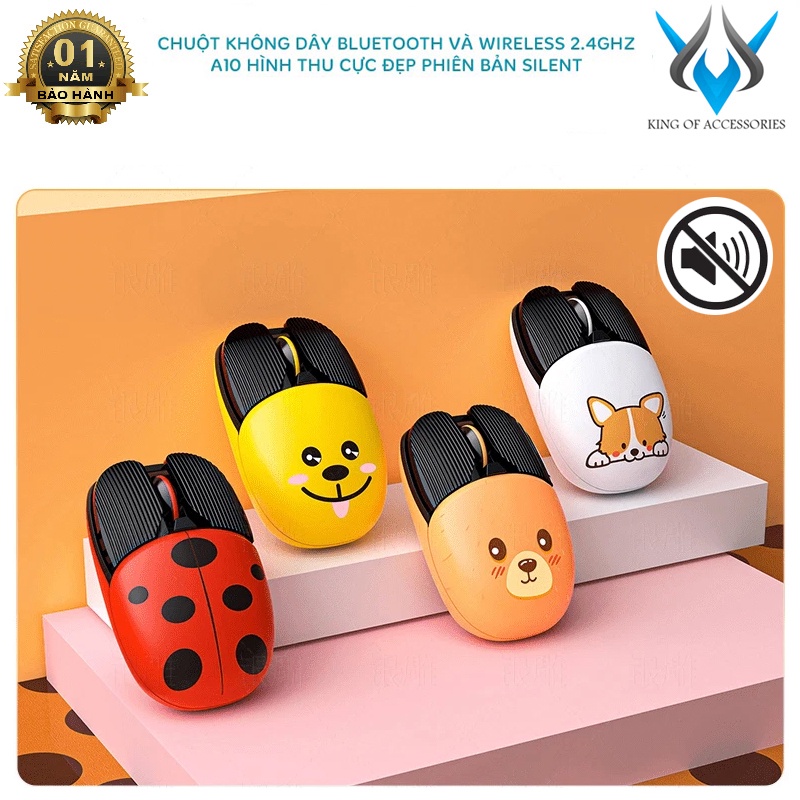 Chuột không dây bluetooth kiêm wireless A10 nhỏ gọn hình thú kute - phiên bản Silent không tiếng click (màu ngẫu nhiên)