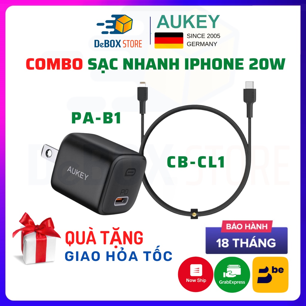 【Giao Hỏa Tốc】Combo AUKEY Bộ Củ Sạc PA-B1,Dây Sạc Nhanh CB-CL1 USB-C to 20W Chuẩn PD Dài 1,2m-