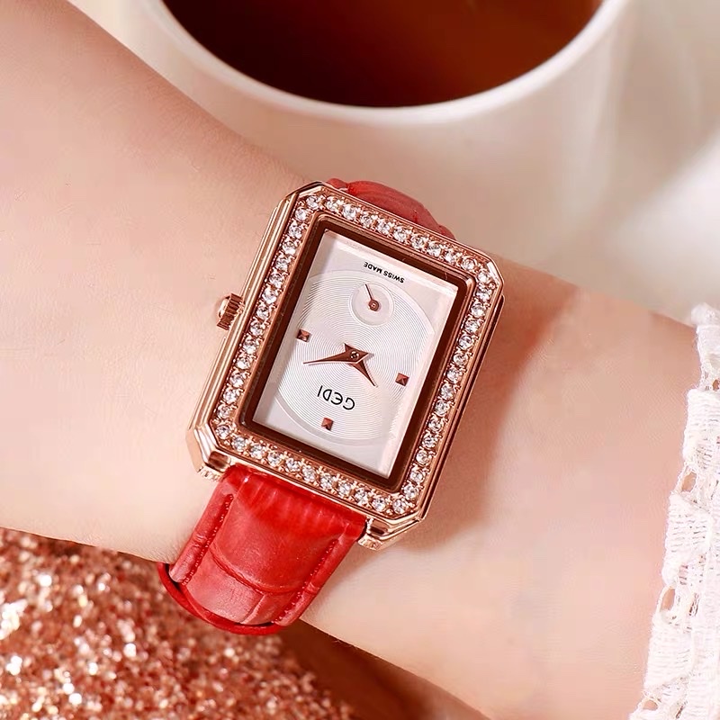 Đồng hồ nữ, GEDI mặt đính đá dây da bền đẹp sành điêu siêu xinh kích thước mặt đồng hồ 28mm