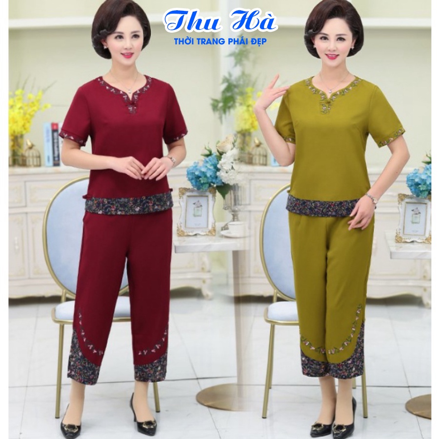 Đồ bộ mặc nhà tay ngắn họa tiết thêu hoa Thu Hà quần áo trung niên cho mẹ form rộng rãi thoải mái ĐBH.18