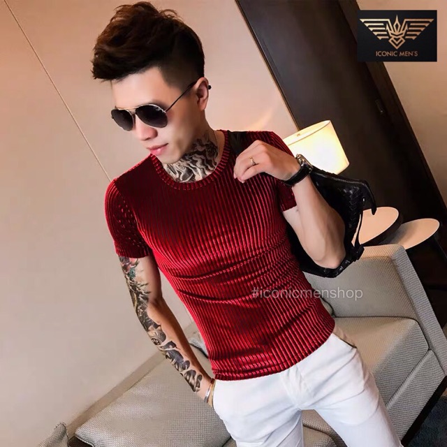 Áo thun nhung nam sọc gân màu đỏ rượu vang