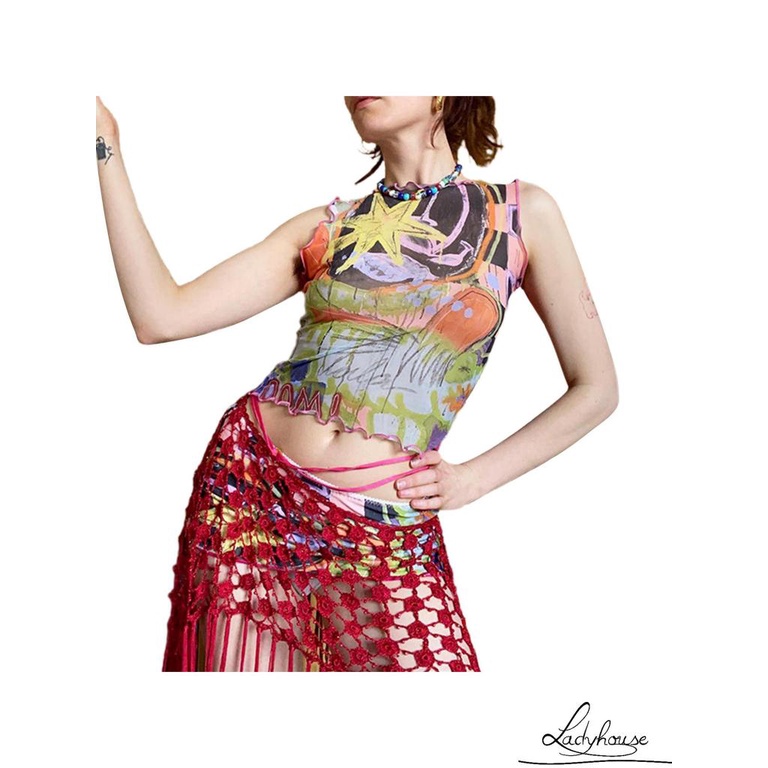 Áo Croptop Không Tay Cổ Tròn In Họa Tiết Hoạt Hình Thời Trang Mùa Hè Cho Nữ