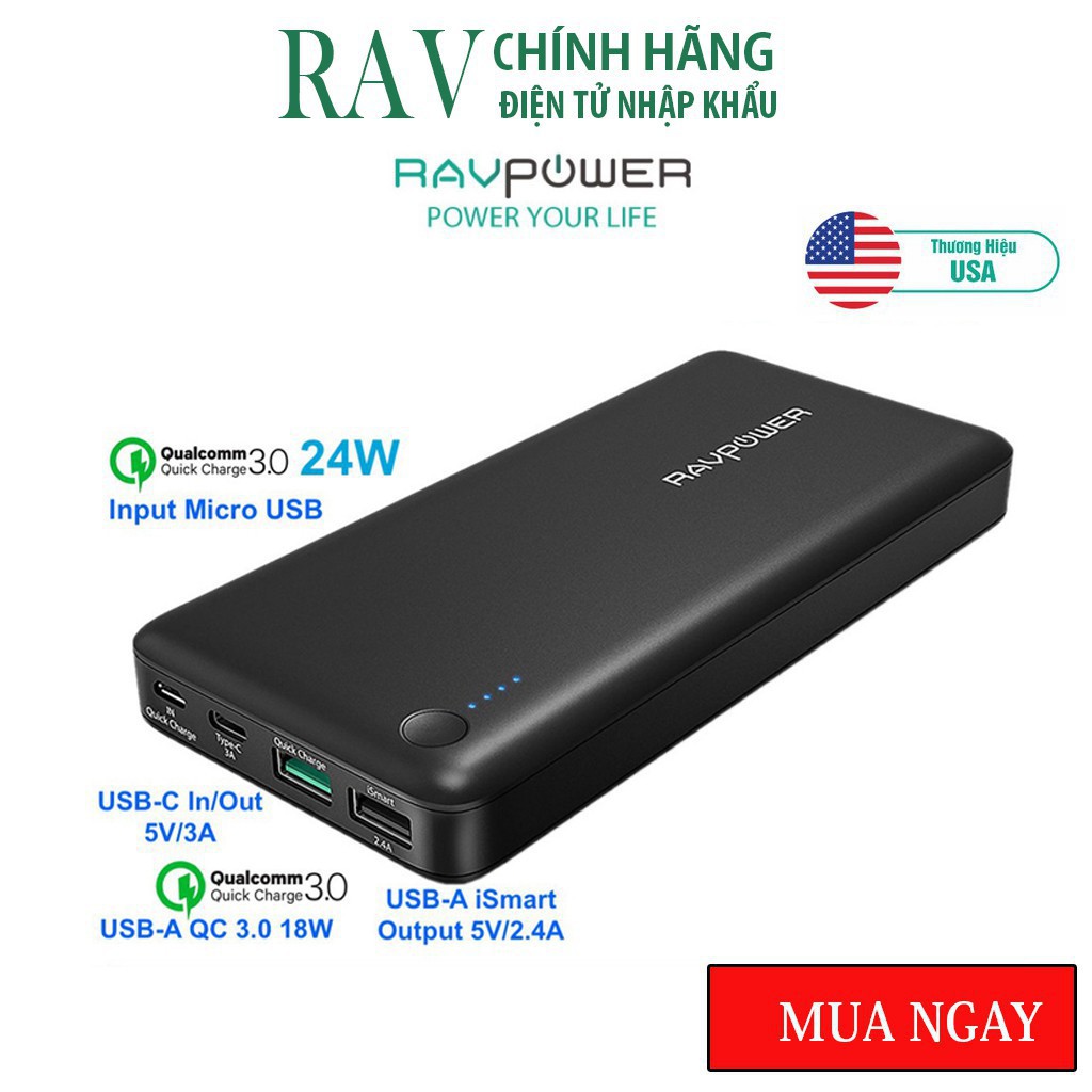 Pin sạc dự phòng RAVPower RP-PB043 20100mAh QC 3.0 18W &amp; USB-C 5V/3A (In/Out)-Thương hiệu USA- HÀNG CHÍNH HÃNG