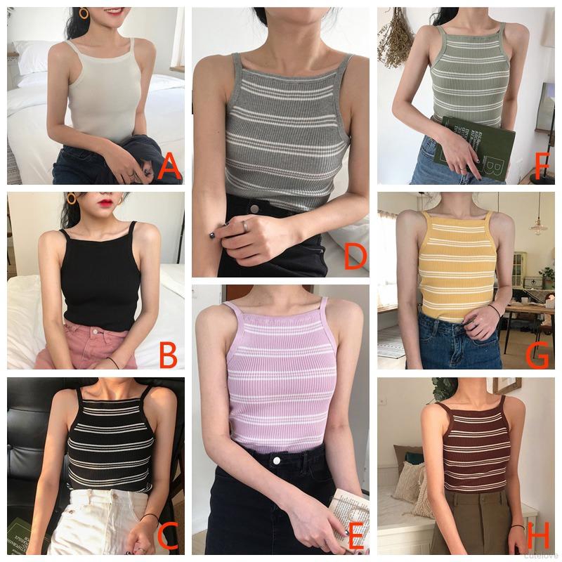 Korean Top Women Spaghetti Strap Striped Halter Knitted Camisole Women's Clothes | BigBuy360 - bigbuy360.vn