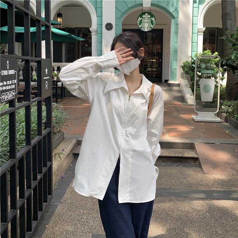Áo Sơ Mi Dáng Rộng Cổ Bẻ Có Khóa Kéo Phong Cách Mùa Thu Mới Dành Cho Bạn Nữ