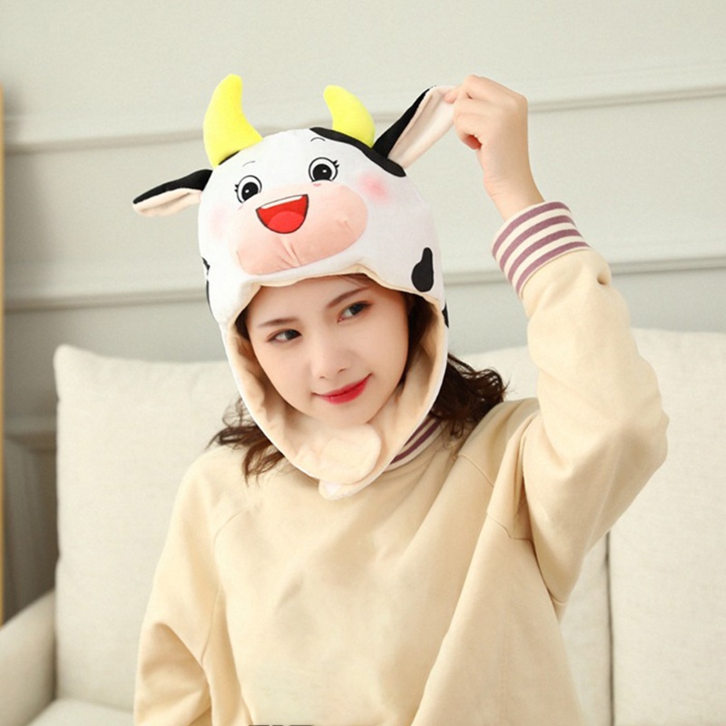 Mũ Nhồi Bông Giữ Ấm Hình Bò Sữa Hoạt Hình Vui Nhộn Cho Bé