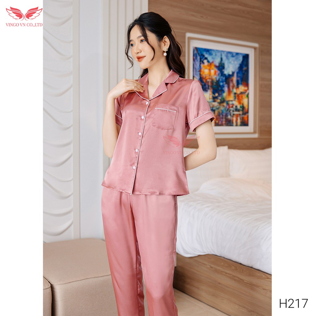 Đồ Bộ Nữ Pijama Mặc Nhà VINGO Lụa Pháp Cao Cấp Tay Cộc Quần Dài Phối Viền Thanh Lịch Mùa Thu H217 VNGO