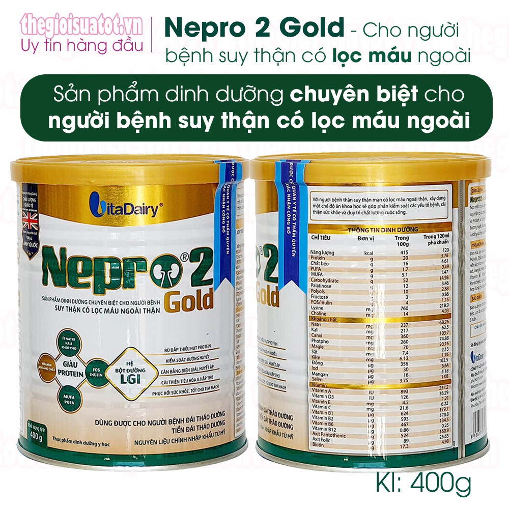 Sữa Nepro 2 Gold Dành cho người bệnh thận có lọc máu ngoài thận - Kl:400g