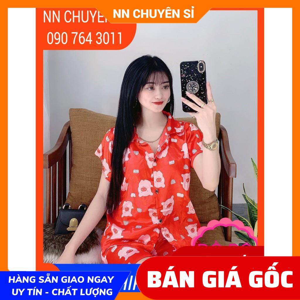 Đồ bộ nữ mặc nhà cổ pijama chất phi bóng mềm mịn mát in hình heo in hình hello kitty in hoạt hình dễ thương