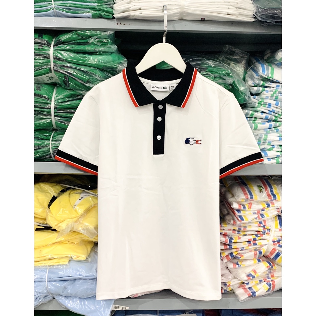 ÁO THUN CỔ TRỤ LACOSTE TRƠN TRẮNG ĐEN VIỀN CỔ VNXK   - COTTON CÁ SẤU 100%
