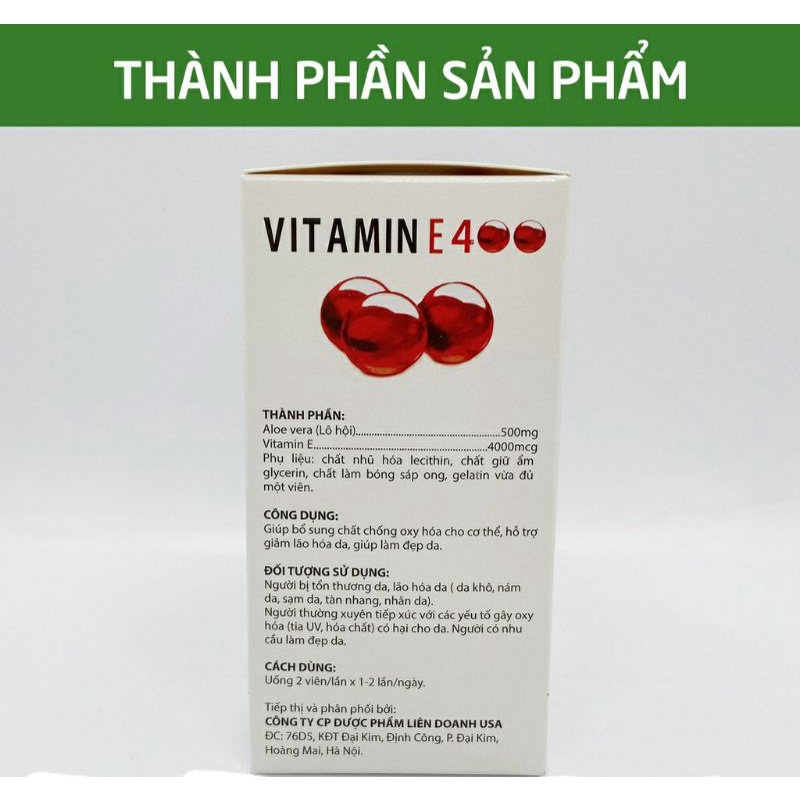 Viên uống đẹp da Vitamin E400 E Đỏ 4000mcg, Aloe vera 500mg - Hộp 100 viên