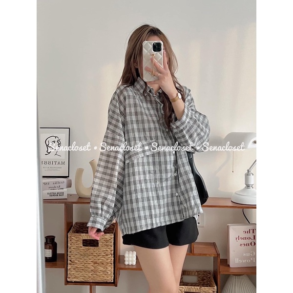 Áo sơmi sọc caro 2 màu form rộng oversize tay bo (Ảnh thật/Video)