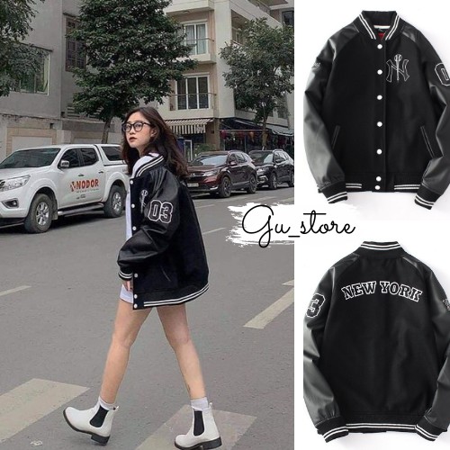 Áo Bomber phối da tay da cá tính phong cách Unisex ảnh thật