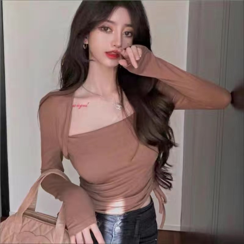 Áo thun tay dài cổ vuông rút dây bên hông hàng taobao