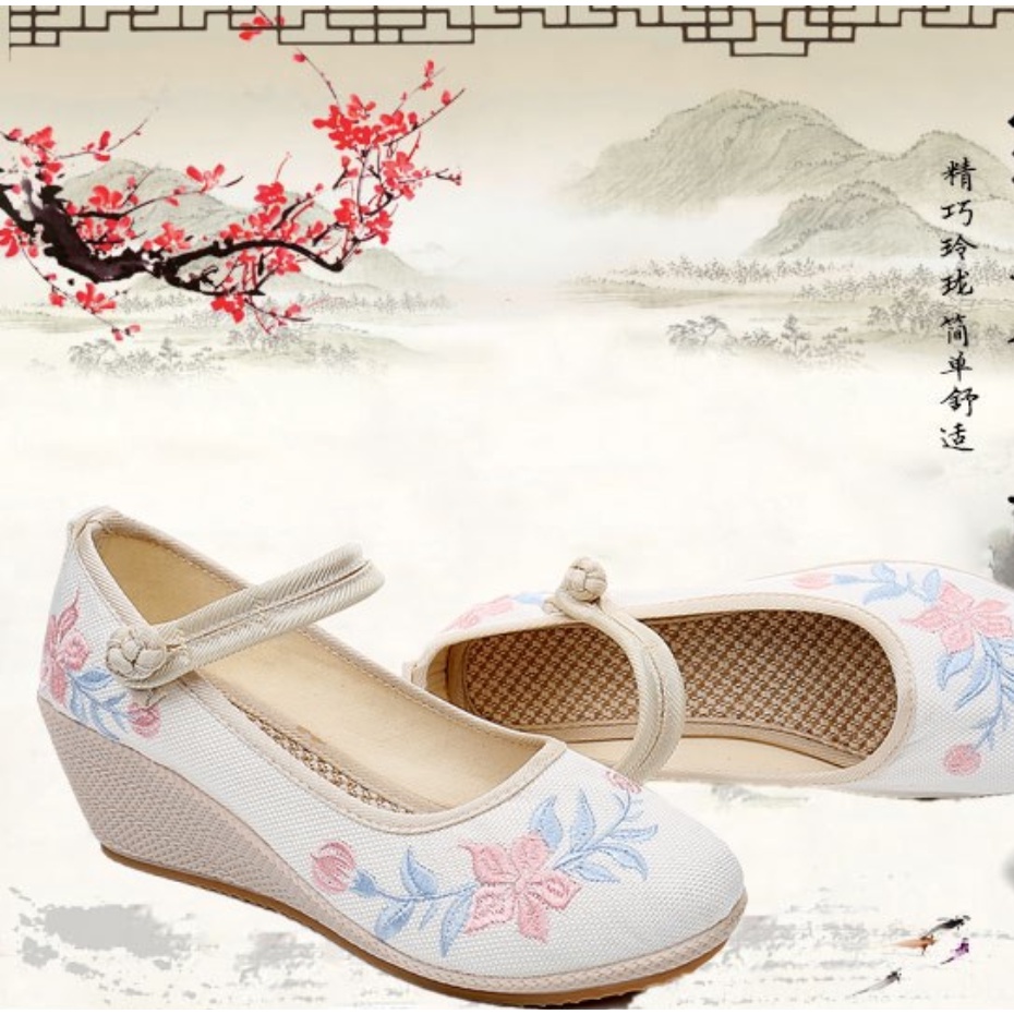 Giày vải đế xuồng 7cm Giày cổ trang cao gót giày tiểu thư