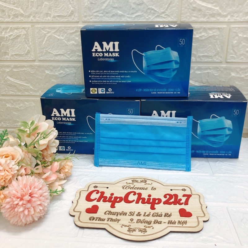 (Ami xanh) Hộp khẩu trang y tế Ami 4 lớp màu Xanh chính hãng 50 cái