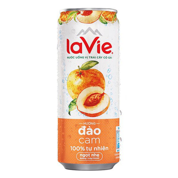 E - Nước Giải Khát Có Ga Lavie Hương Đào Cam Lon 330Ml