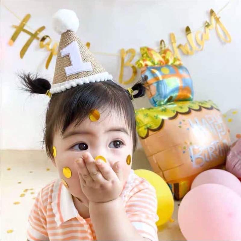 Mũ chóp sinh nhật vải lanh số tuổi cho bé sinh nhật Hàn Quốc